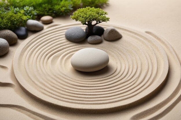 Miniatur-Zen-Garten mit einem einzigen runden Stein und feinen Sandmustern
