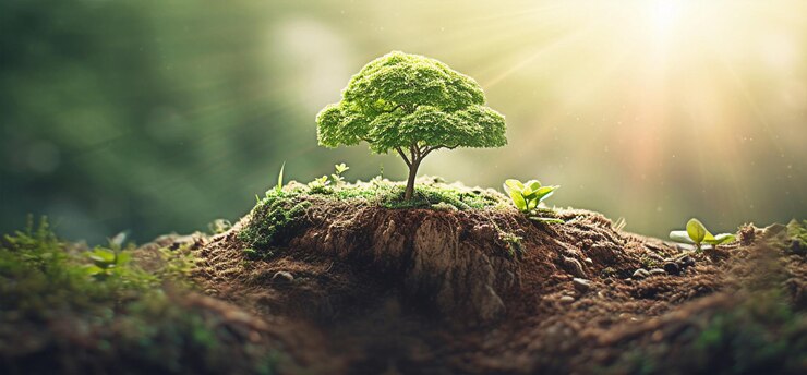 Una miniatura de un árbol en una colina con el sol brillando sobre él