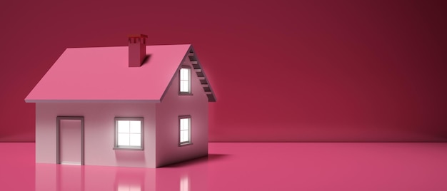 Miniatura de casa iluminada contra ilustração 3d de fundo rosa