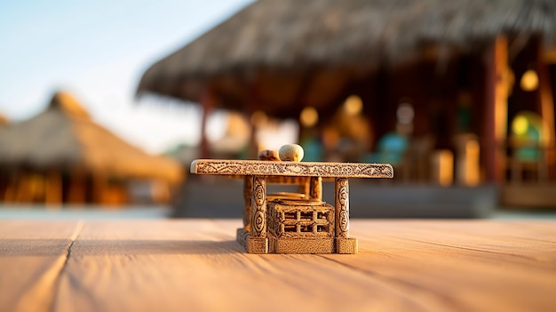 Miniatura de mesa e cadeiras no conceito de férias de praia tropical