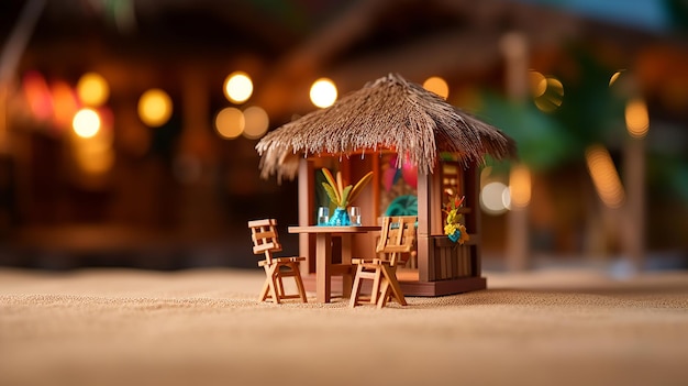 Miniatura de mesa e cadeiras no conceito de férias de praia tropical