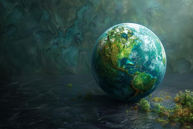 Miniatura do planeta Terra é cercada por plantas dando-lhe uma aparência natural e pacífica O conceito do Dia da Terra com um espaço de cópia