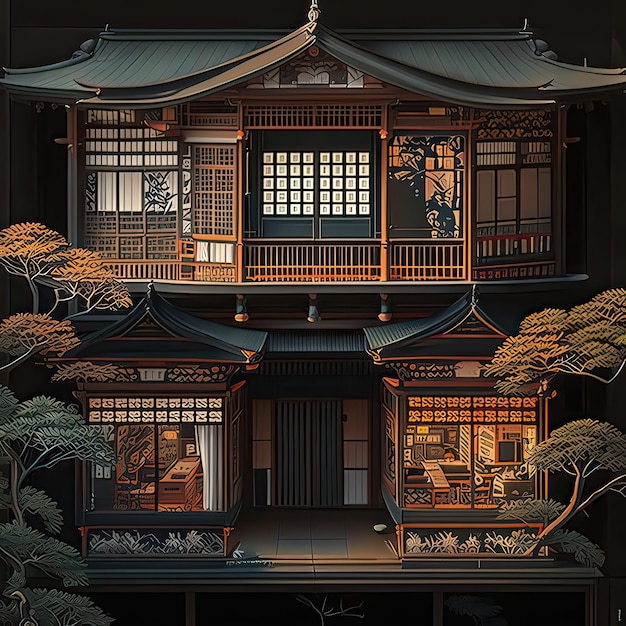 Una miniatura de un edificio tradicional japonés con ventanas luminosas contra una pared Cultura asiática tierra del sol naciente exterior de lujo arte de alta resolución inteligencia artificial generativa