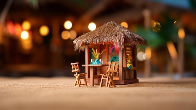 Miniatura de mesa y sillas en la playa tropical Concepto de vacaciones