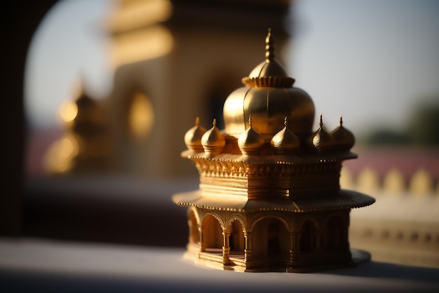 Una miniatura de una mezquita con el sol brillando sobre ella.