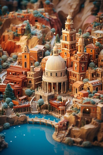 Foto miniatura super bonito mundo de barro um modelo de brinquedo de uma cidade de roma, incluindo áreas populares