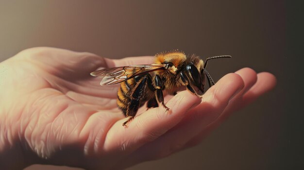 Miniatura surrealista de una abeja descansando sobre una mano humana con fondo blanco