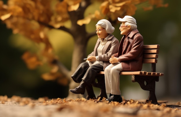 Miniaturas de casais idosos sentados em um banco do parque conceito de amor e namoro IA generativa