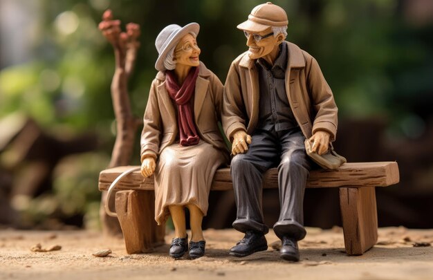 Miniaturas de parejas ancianas sentadas en un banco del parque concepto de amor y citas IA generativa