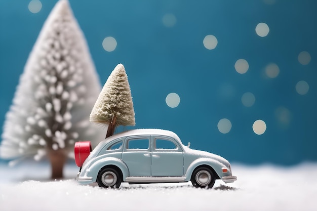 Miniaturauto mit Geschenken und Neujahrsbaum auf dem oberen Weihnachts-Bokeh-Hintergrund