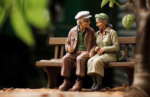 Miniaturen eines älteren Paares sitzen auf einer Parkbank Konzept der Liebe und Dating generative KI