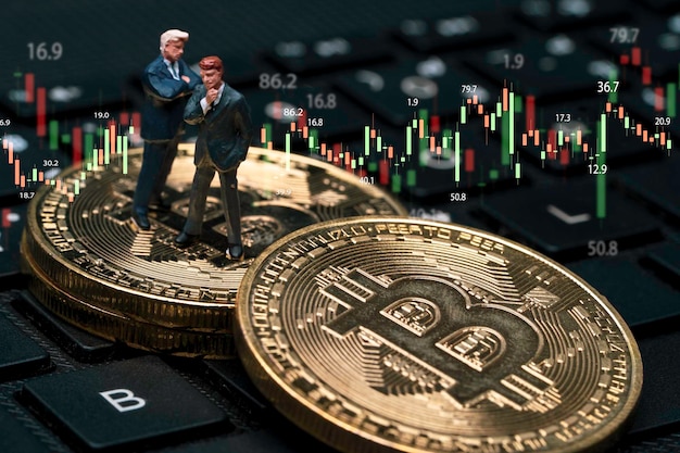 Miniaturfigur von Geschäftsleuten, die auf goldener Bitcoin- und Computertastatur mit Börsendiagramm für das Handelskonzept für Kryptowährungsinvestitionen stehen