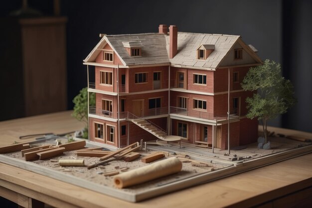 Foto miniaturhaus im bauprojekt mit ziegelstein und blaupause