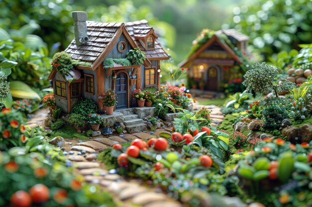 Miniaturhaus inmitten von Pflanzen und Blumen