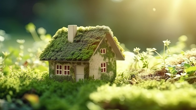 Miniaturhaus mit grünem Moos auf dem Rasen Öko-Immobilienkonzept Generative KI