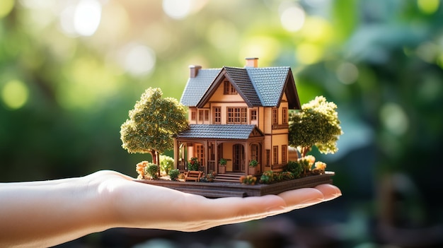 Miniaturhausmodell in menschlicher Hand auf Naturhintergrund Immobilienkonzept