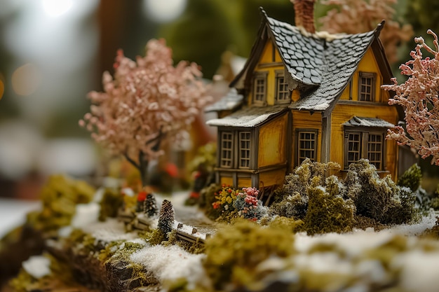 Miniaturmärchen-Cottage umgeben von einer detaillierten Landschaft aus falschen Bäumen und Moos, die eine