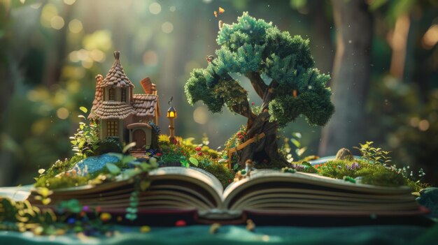 Miniaturmärchen-Szene mit einem Wald mit Bäumen ein gemütliches Cottage und magische Beleuchtung auf einem