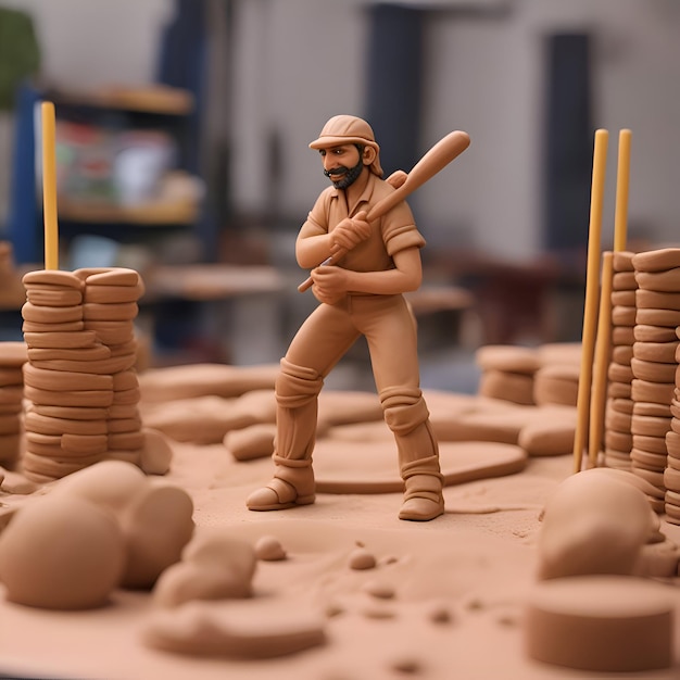 Miniaturmenschen Ein Mann mit Baseballkappe spielt Baseball auf dem Sand