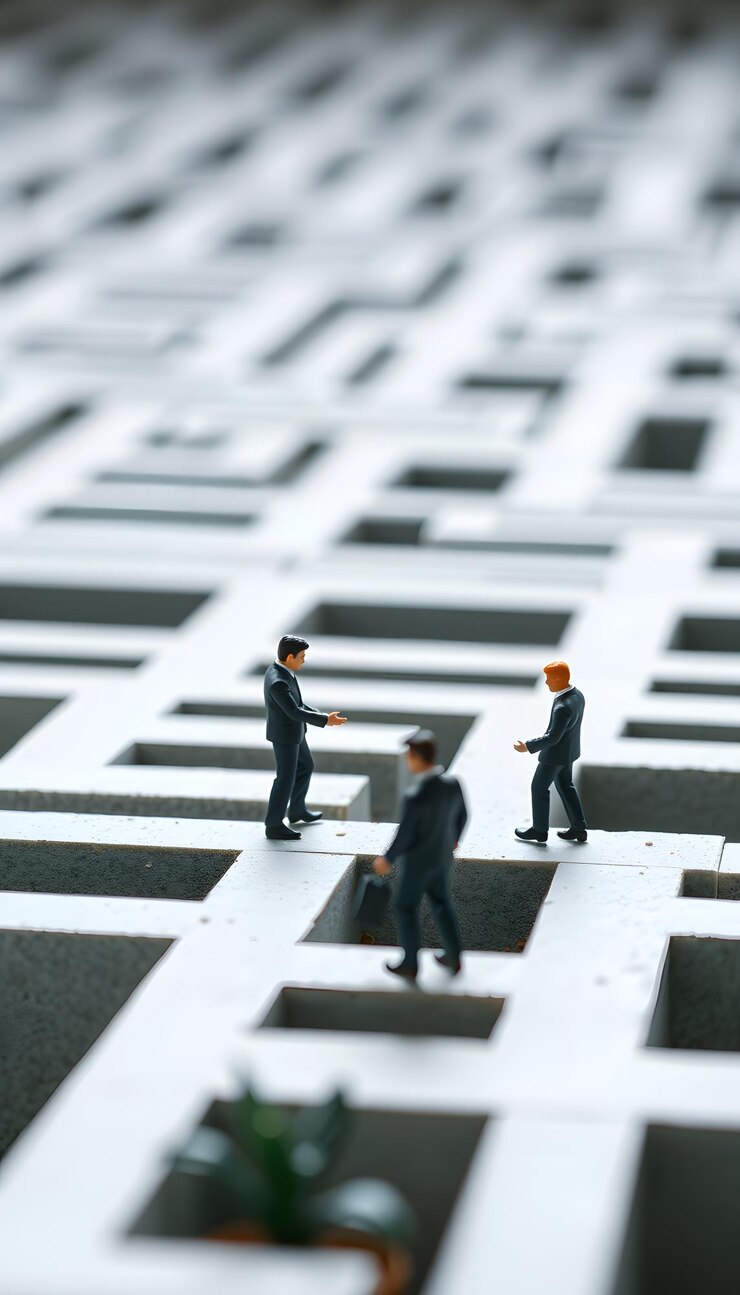 Foto miniaturmenschen im labyrinth, die als hintergrundgeschäfte finden, lösungen finden, probleme lösen und