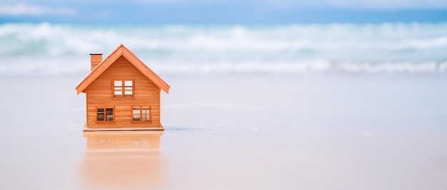 Miniaturmodell eines Holzhauses an der Küste das Konzept der Immobilien am Meer Generative KI