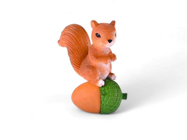 Miniaturtier-Eichhörnchen klettert auf einer Nuss auf weißem Hintergrund