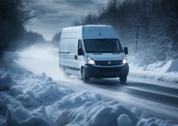 Minibus fährt im Winter auf der Autobahn