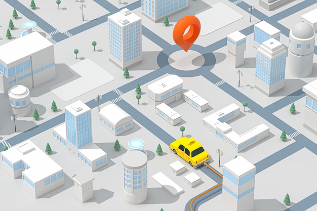 Minicity con un trasfondo de transporte de taxi renderizado en 3D