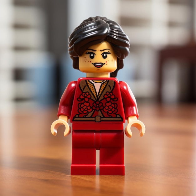 Foto minifigura chinesa de lego em vermelho cheongsam expressão de personagem detalhada