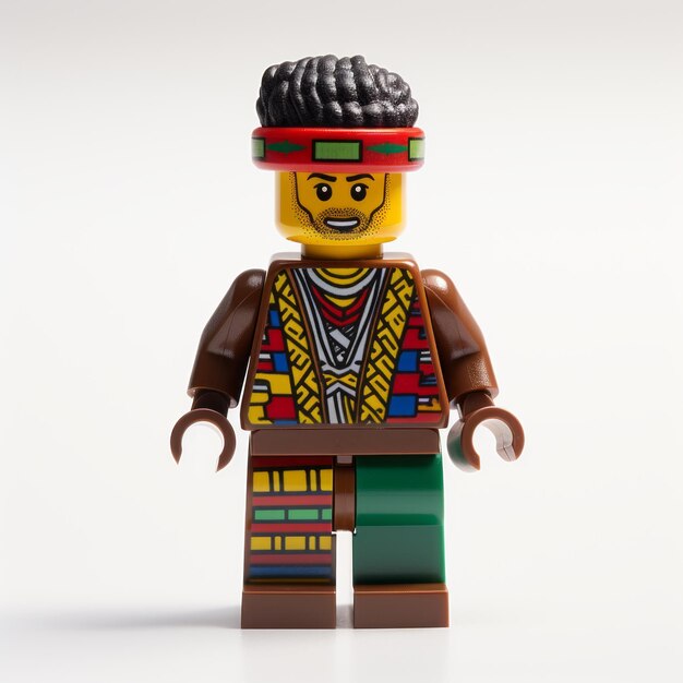 Foto minifigura de lego de inspiración africana en el disfraz de dashiki con toque escocés