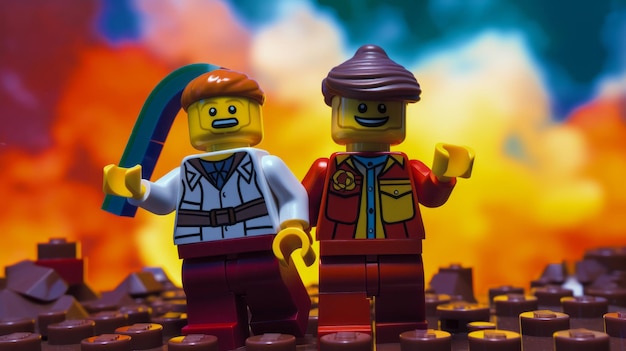 Foto minifiguras de lego na frente de um fundo de arco-íris