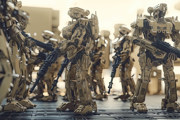 Foto minifiguras de lego star wars em um museu formação de exército de robôs com engrenagens táticas geradas por ia