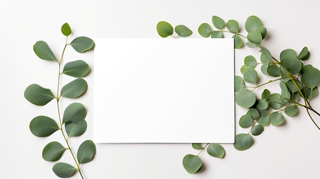 Foto minimal-boho-karte mit leerem raum auf eukalyptusblättern top-view ideal für geschäfts-soziale medien und blogs mockup-bild