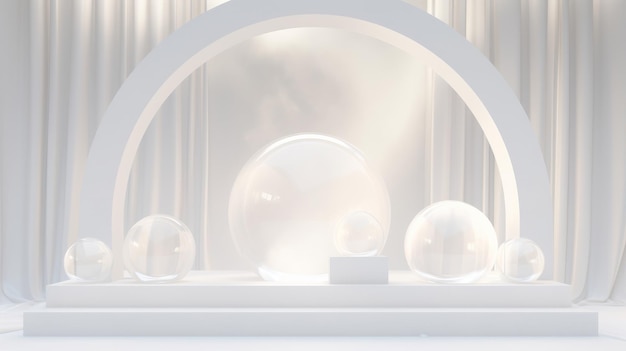 Minimal branco archneon fundo de luz com pódio de mármore na água entre as bolhas de esfera de vidro para produto e apresentação cosmética renderização realista 3D