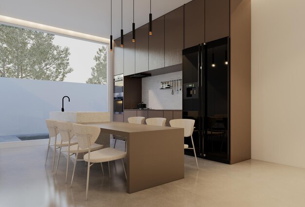 Minimal de cocina blanca y mesa de comedor renderización de ilustración en 3D