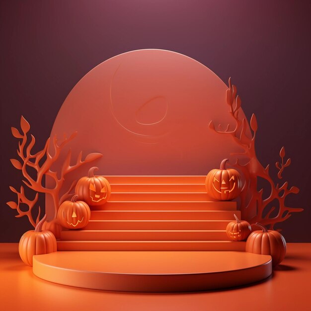 Minimal Halloween-Szene 3D-Podium-Plattform Bühne Ausstellung auf Podest moderner orangefarbener Kürbis