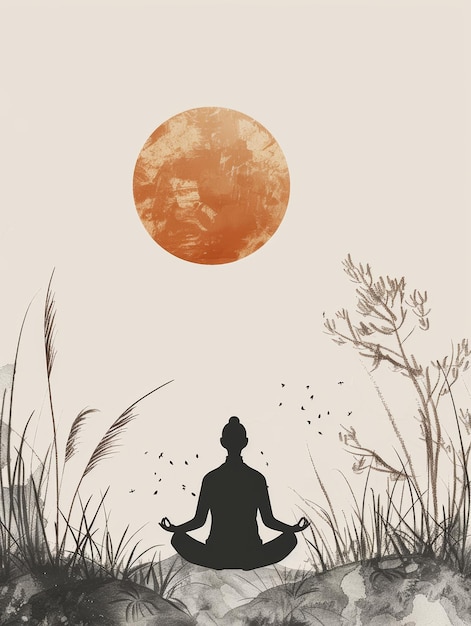 Minimal Illustration eines meditierenden Mannes in der Natur Generative KI