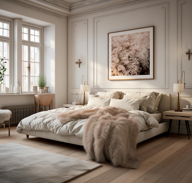 Minimal interior de quarto japonês Cama com cobertor e travesseiros tapete no chão de madeira maqueta de parede branca vazia vista lateral 3D renderização de alta qualidade ilustração 3D Ilustração 3D