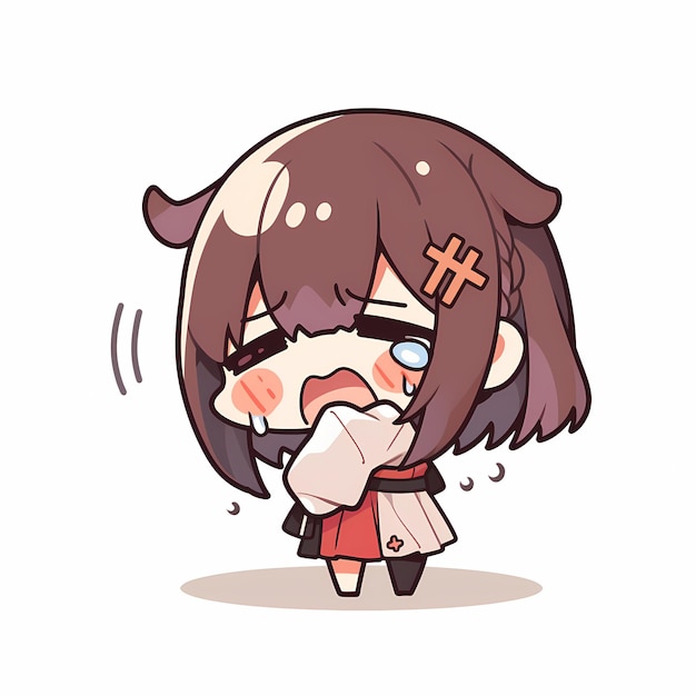 Minimal japanese chorando kawaii empregada menina varrendo chibi anime arte  vetorial adesivo com negrito limpo