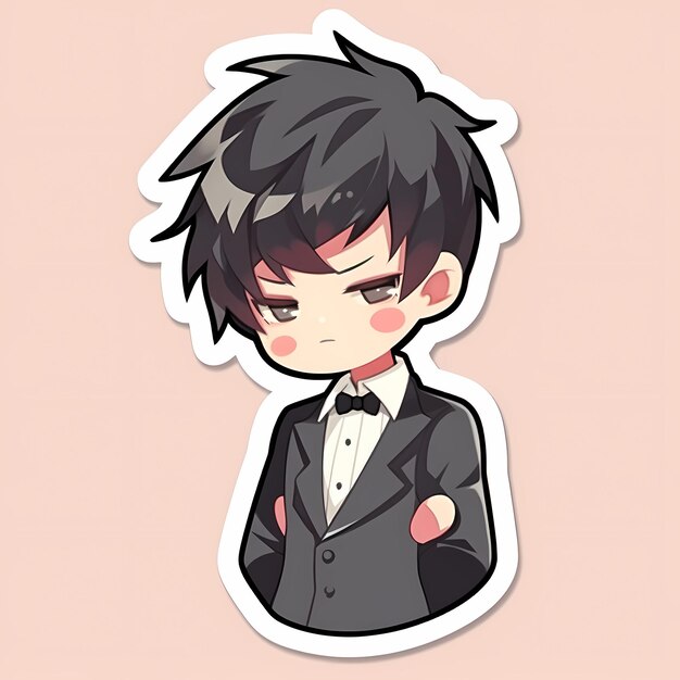 Minimal Japanese Kawaii Butler Boy Chibi Anime Arte Vetorial Adesivo com Linha Ousada Limpa Bonito Simples