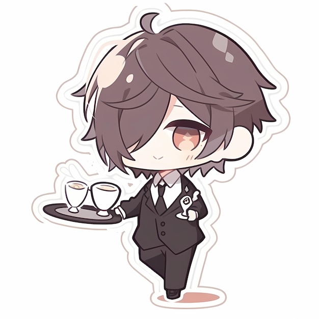 Minimal Japanese Kawaii Butler Boy Chibi Anime Arte Vetorial Adesivo com Linha Ousada Limpa Bonito Simples