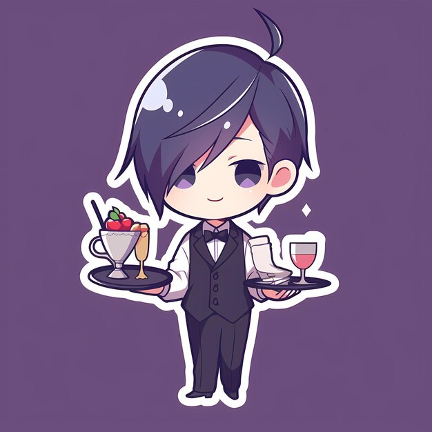 Minimal Japanese Kawaii Butler Boy Chibi Anime Arte Vetorial Adesivo com Linha Ousada Limpa Bonito Simples