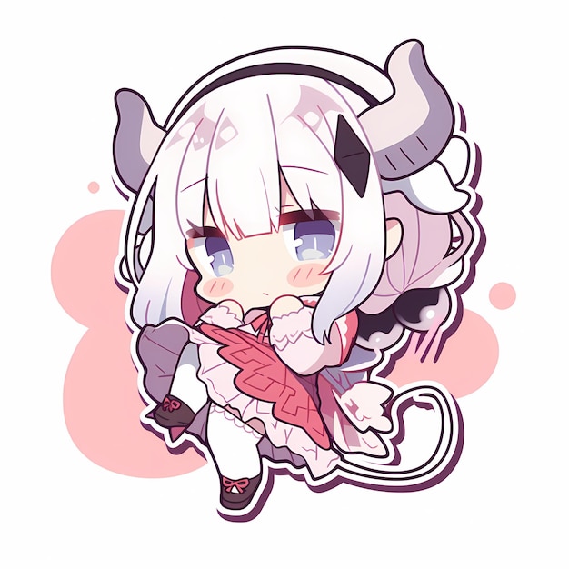 Minimal japonés Kawaii Dragon Maid Girl Chibi Anime Vector Art Sticker con línea en negrita limpia