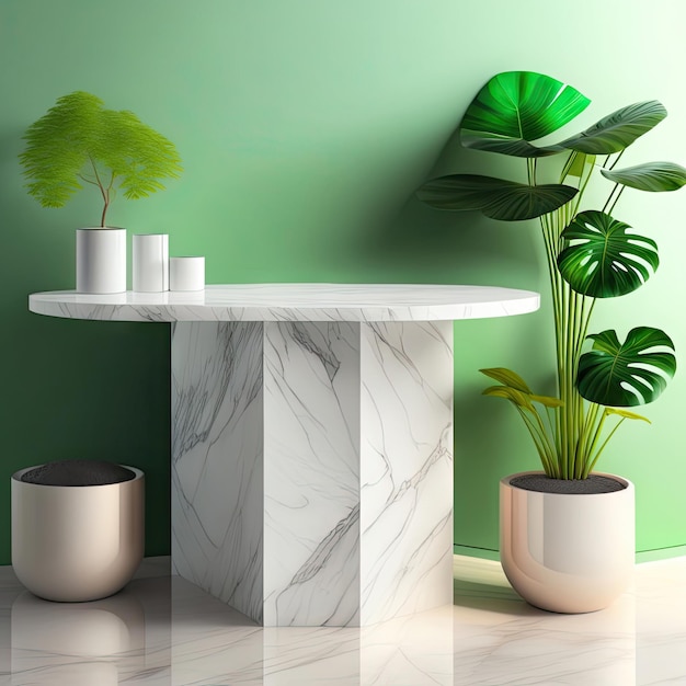 Minimal moderna mesa de piedra de mármol blanco contra árbol de planta de monstera tropical a la luz del sol en verde