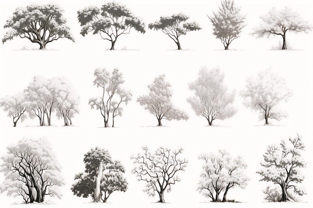 Minimal-Stil-Cad-Baumlinie-Zeichnung Seitenansicht-Satz von Grafiken Bäume Elemente Feder