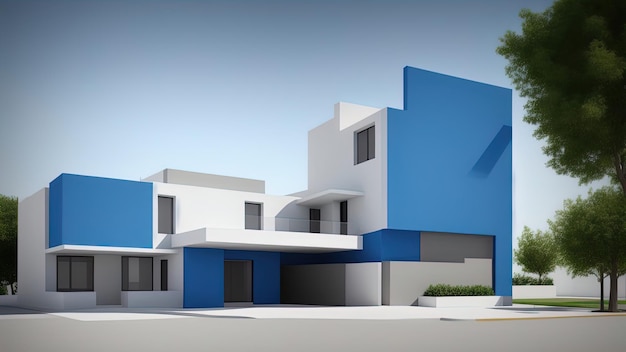 Minimal-Stil farbenfrohe Gebäudeäußerung mit blauem Himmel-Hintergrund 3D-Rendering