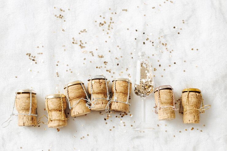Minimal-Stil kreativer Flachlagung aus Weinkorken aus Schaumwein Weihnachtsbeutel Champagnerglas mit glänzendem goldenem Konfetti auf weißem Pelz Glückliches Neujahr Xmas-Party-Konzept festliches Getränk
