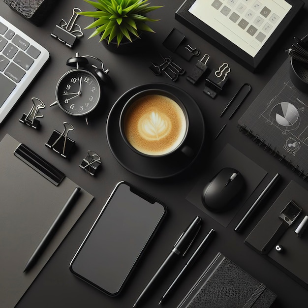 Minimal vista superior da mesa de escritório com suprimentos de escritório e xícara de café em uma mesa preta