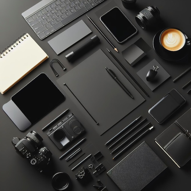 Minimal vista superior da mesa de escritório com suprimentos de escritório e xícara de café em uma mesa preta