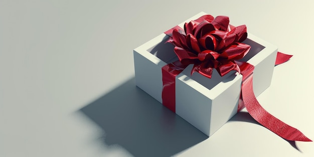 Minimale 3D-Rendering einer offenen Geschenkkiste mit roten Bändern und leerem Raum für Werbekonzepte